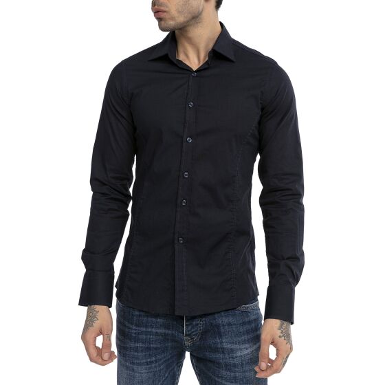 Red Bridge Mens Basic Design Slim Fit Long Sleeve Shirt Dark Blue