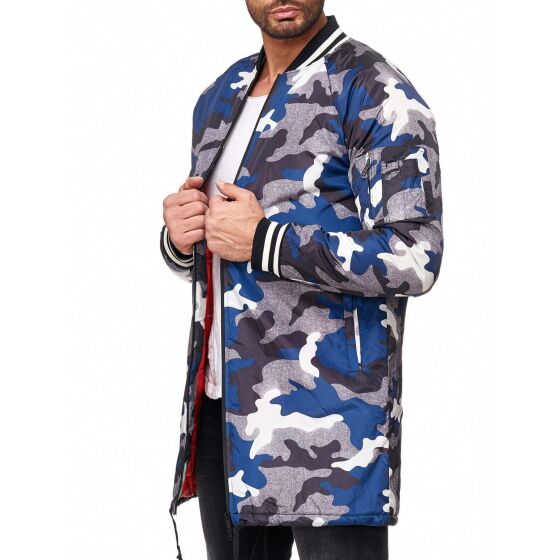 Red Bridge Mens Camouflage Inmate Long Bomber Jacket Oversize Blue