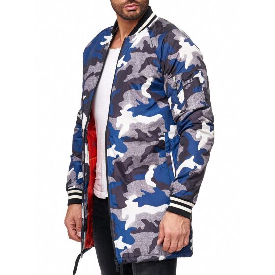 Red Bridge Mens Camouflage Inmate Long Bomber Jacket Oversize Blue