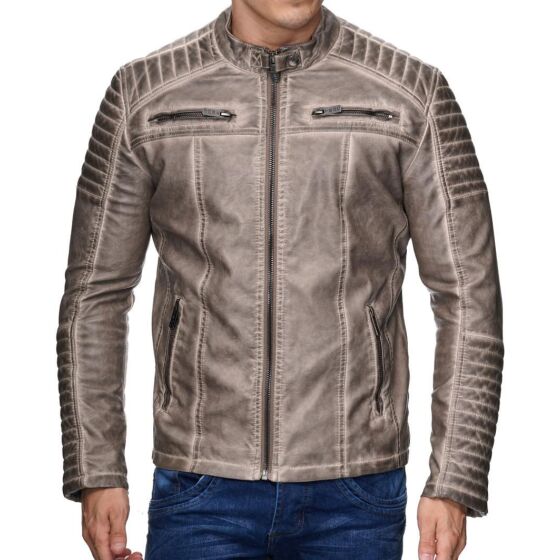 Red Bridge Herren Biker Jacke Kunst- Lederjacke Bikerjacke Beige