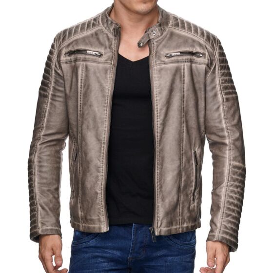 Red Bridge Herren Biker Jacke Kunst- Lederjacke Bikerjacke Beige