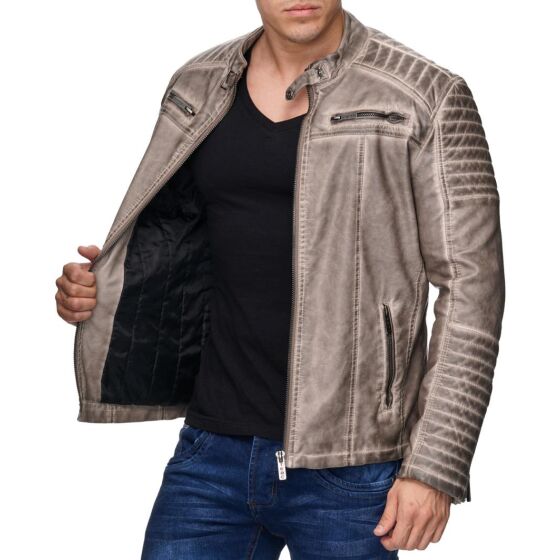 Red Bridge Herren Biker Jacke Kunst- Lederjacke Bikerjacke Beige