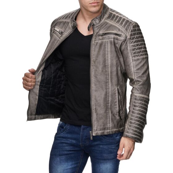 Red Bridge Herren Biker Jacke Kunst- Lederjacke Bikerjacke Grau