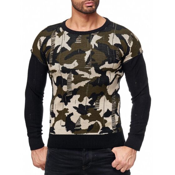 Red Bridge Mens Wild Wild Camouflage Knit Jumper Sweatshirt Khaki XL