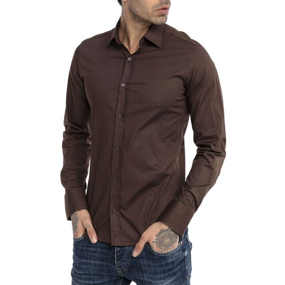 Red Bridge Mens Basic Design Slim Fit Long Sleeve Shirt Brown