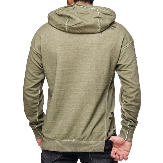 Red Bridge Herren Destroyed Used Sweat Pullover Longsleeve Langarm Pulli mit Kapuze Khaki Grün