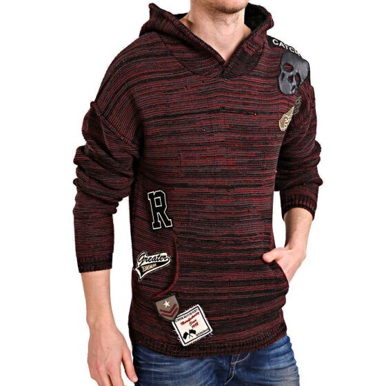 Redbridge Mens knitted hooded sweater hoodie sweatshirt with hood with patches Bordeaux