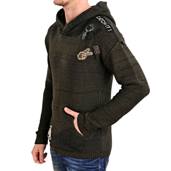 Red Bridge Herren Strickpullover Kapuzenpullover Hoodie Sweatshirt mit Kapuze mit Patches Khaki