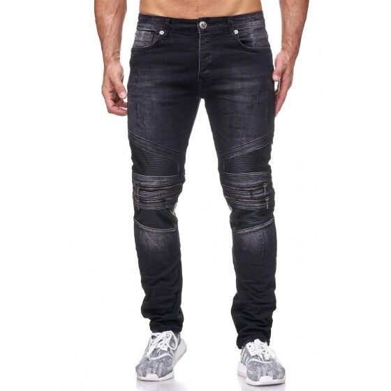 Red Bridge Mens Jeans Pants MC Motorrad Biker Black Style Slim-Fit Pants with Leather and Destroyed Effects Black