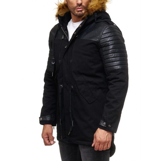 Red Bridge Herren Winterjacke Mantel Parka Patched Ripples KUNSTFELL mit gesteppten Kunstleder lang gefüttert Schwarz