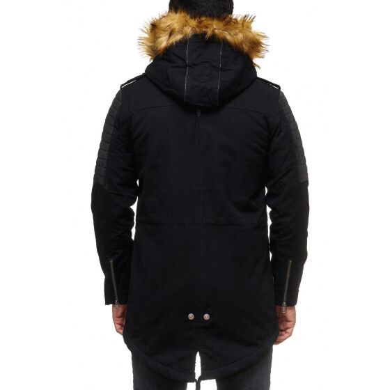 Red Bridge Herren Winterjacke Mantel Parka Patched Ripples KUNSTFELL mit gesteppten Kunstleder lang gefüttert Schwarz