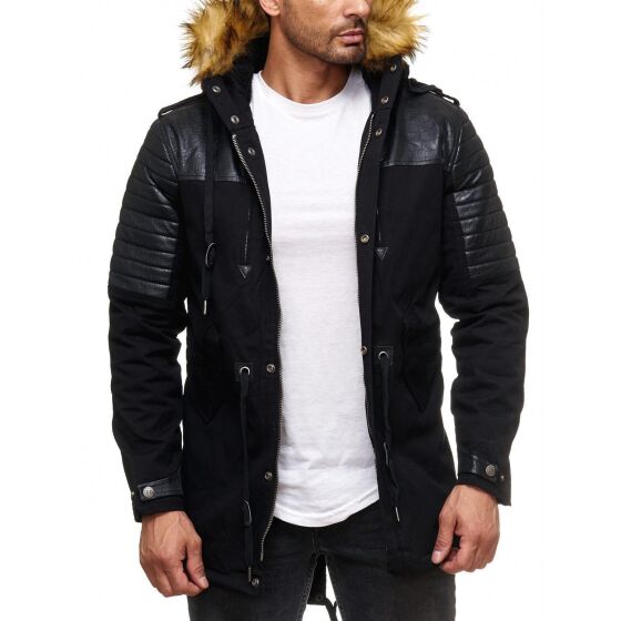 Red Bridge Herren Winterjacke Mantel Parka Patched Ripples KUNSTFELL mit gesteppten Kunstleder lang gefüttert Schwarz