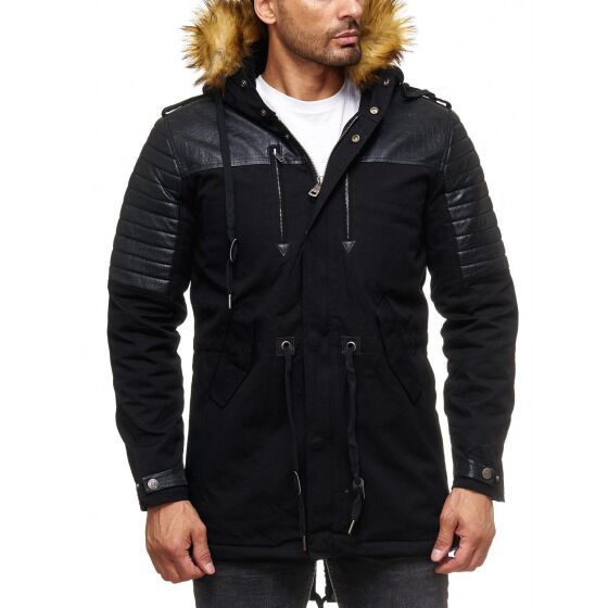 Red Bridge Mens Winter Jacket Coat Parka Patched Ripples Faux Fur Lined with Quilted Faux Leather Long Black