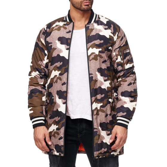 Red Bridge Mens Camouflage Inmate Long Bomber Jacket Oversize Khaki