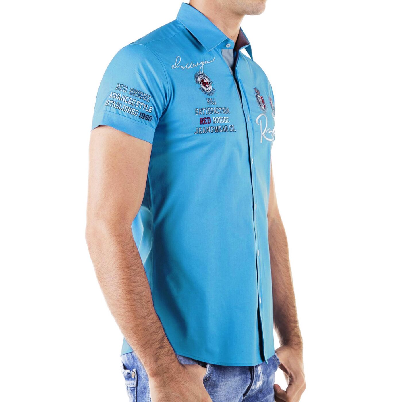 Redbridge Herren Hemd Freizeithemd Regular Fit Bestickt Kurzarm R-Style Hellblau 