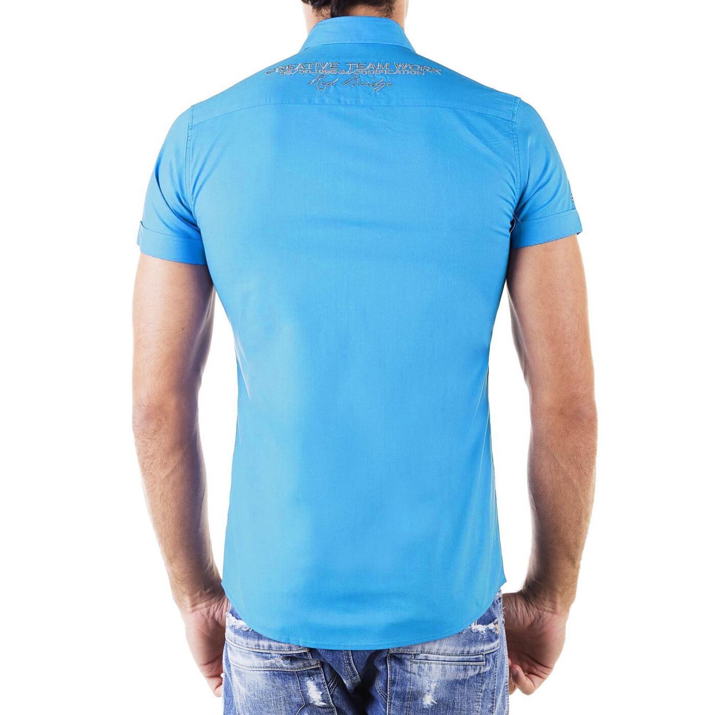 Redbridge Herren Hemd Freizeithemd Regular Fit Bestickt Kurzarm R-Style Hellblau 