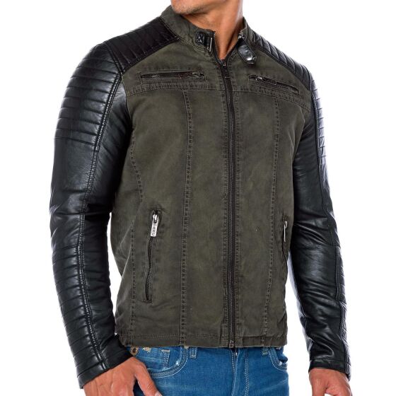 Biker Jacke Kunst- Lederjacke Jacket 2in1 Look Khaki