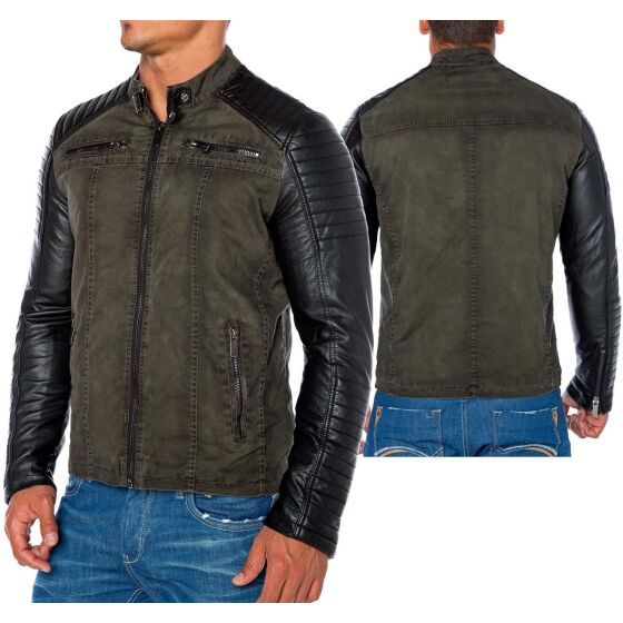 Red Bridge Mens Biker Jacket Faux Leather Jacket Khaki