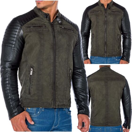 Red Bridge Mens Biker Jacket Faux Leather Jacket Khaki