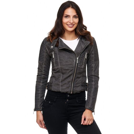 Red Bridge WoMens Biker Jacket Between-seasons jacket Faux leather jacket lined with stand-up collar anthracite