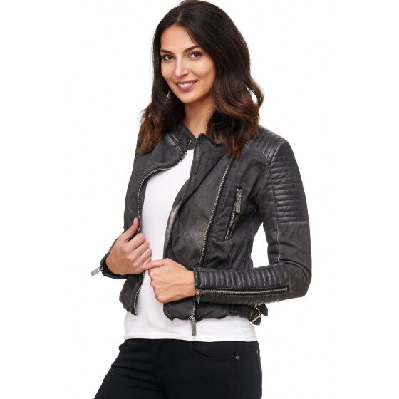 Red Bridge WoMens Biker Jacket Between-seasons jacket Faux leather jacket lined with stand-up collar anthracite