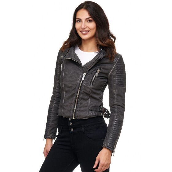 Red Bridge WoMens Biker Jacket Between-seasons jacket Faux leather jacket lined with stand-up collar anthracite