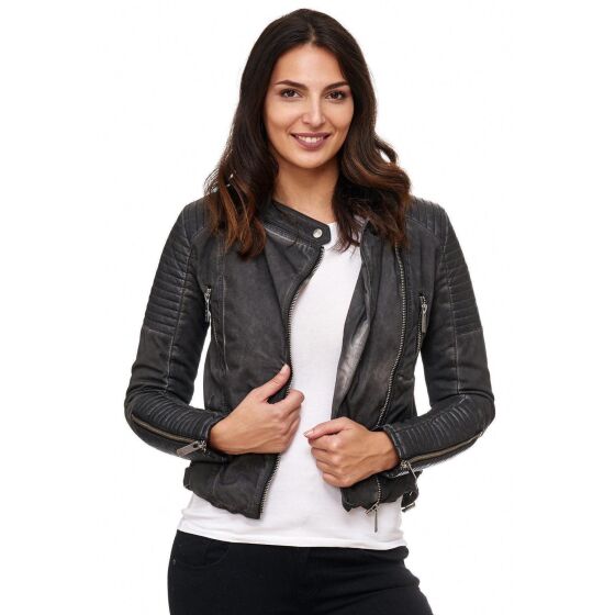 Red Bridge WoMens Biker Jacket Between-seasons jacket Faux leather jacket lined with stand-up collar anthracite