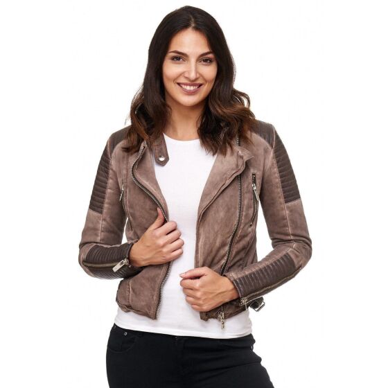 Red Bridge Damen Jacke Biker Jacket Übergangsjacke Kunst- Lederjacke gefüttert mit Stehkragen Braun