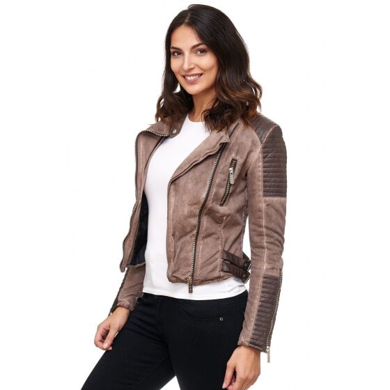 Red Bridge Damen Jacke Biker Jacket Übergangsjacke Kunst- Lederjacke gefüttert mit Stehkragen Braun