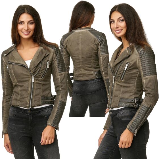 Red Bridge Damen Jacke Biker Jacket Übergangsjacke Kunst- Lederjacke gefüttert mit Stehkragen Khaki