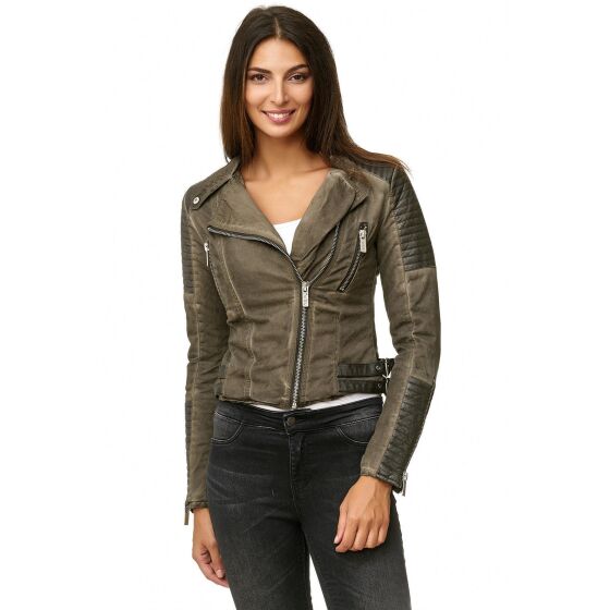 Red Bridge WoMens Biker Jacket Between-seasons jacket Faux leather jacket lined with khaki stand-up collar