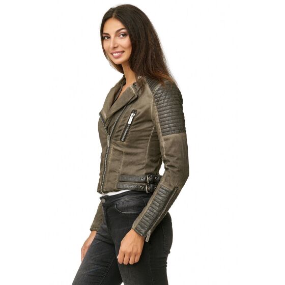 Red Bridge WoMens Biker Jacket Between-seasons jacket Faux leather jacket lined with khaki stand-up collar