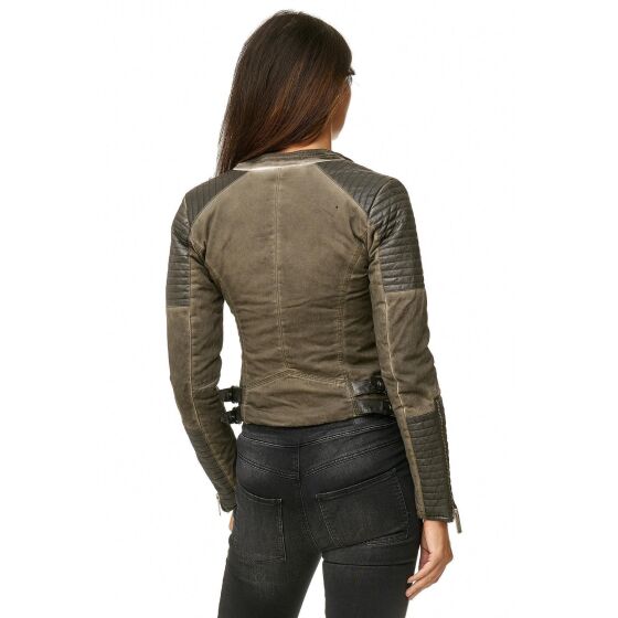 Red Bridge WoMens Biker Jacket Between-seasons jacket Faux leather jacket lined with khaki stand-up collar