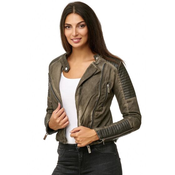 Red Bridge WoMens Biker Jacket Between-seasons jacket Faux leather jacket lined with khaki stand-up collar