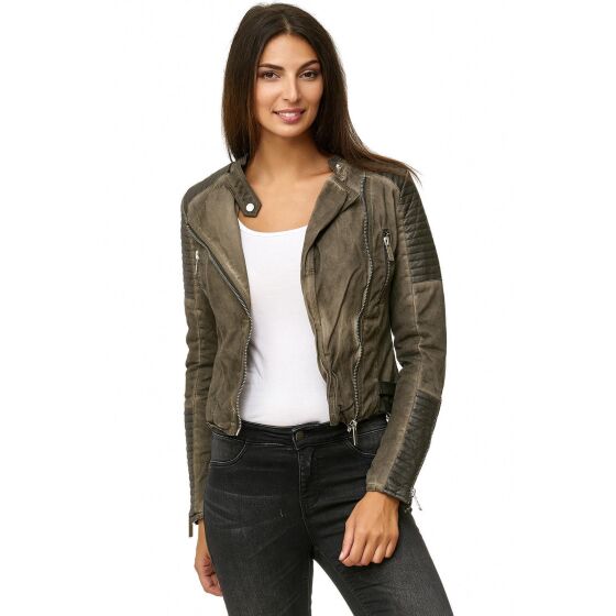 Red Bridge WoMens Biker Jacket Between-seasons jacket Faux leather jacket lined with khaki stand-up collar