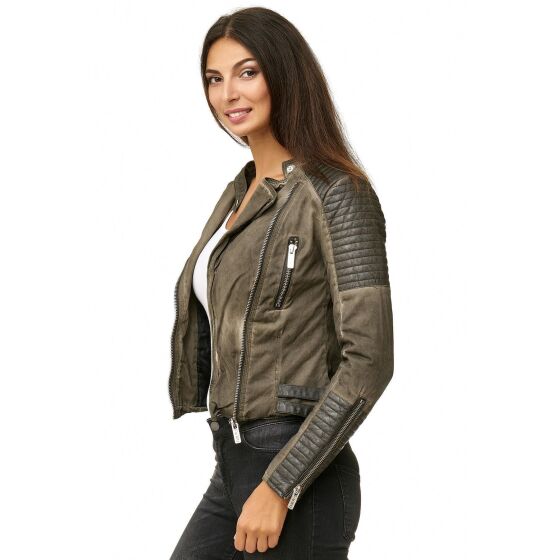 Red Bridge WoMens Biker Jacket Between-seasons jacket Faux leather jacket lined with khaki stand-up collar