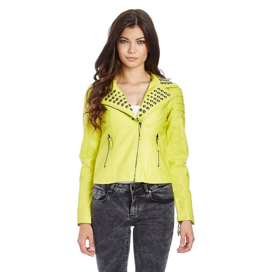 Red Bridge woMens artificial leather jacket between seasons jacket with rivets Yellow