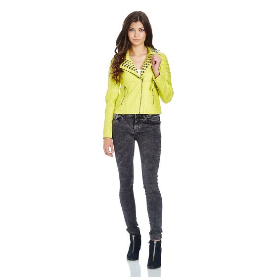 Red Bridge woMens artificial leather jacket between seasons jacket with rivets Yellow