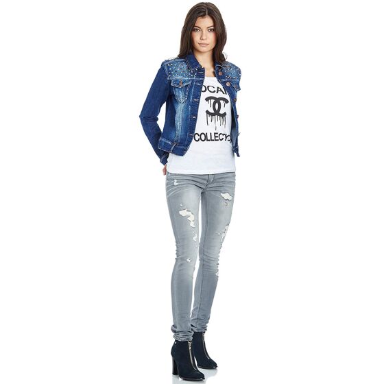 Red Bridge WoMens Denim Jacket Studded Jeans Denim Blue