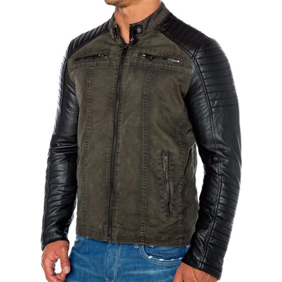 Biker Jacke Kunst- Lederjacke Jacket 2in1 Look Khaki M