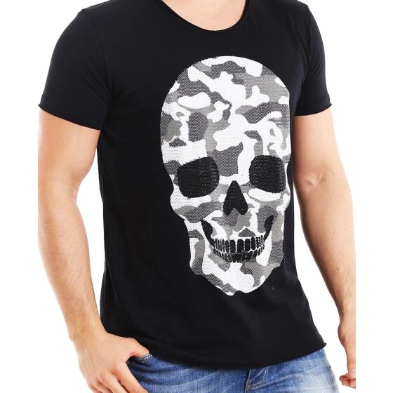Red Bridge Herren T-Shirt Camo Skull Schwarz mit Strasssteinen
