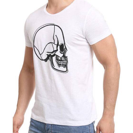 Red Bridge Mens T-Shirt Stitched Skull White with rhinestones