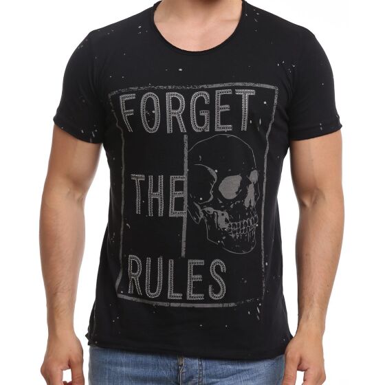 Red Bridge Mens Forget The Rules Skull Black T-Shirt with Rhinestones