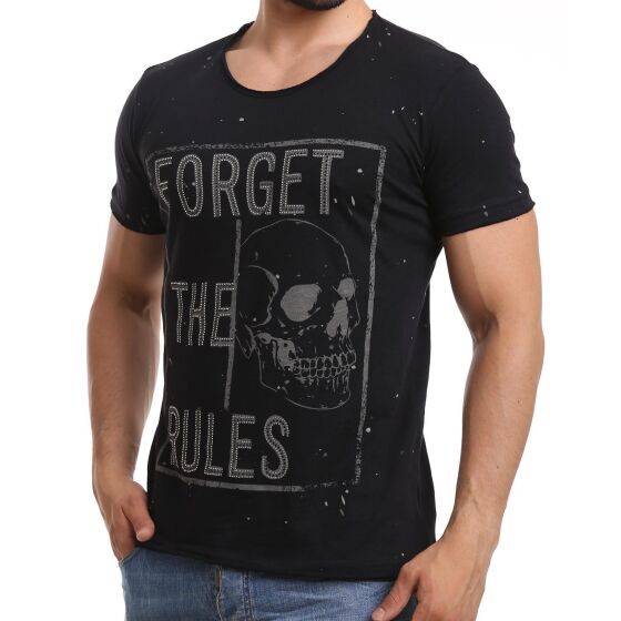 Red Bridge Mens Forget The Rules Skull Black T-Shirt with Rhinestones