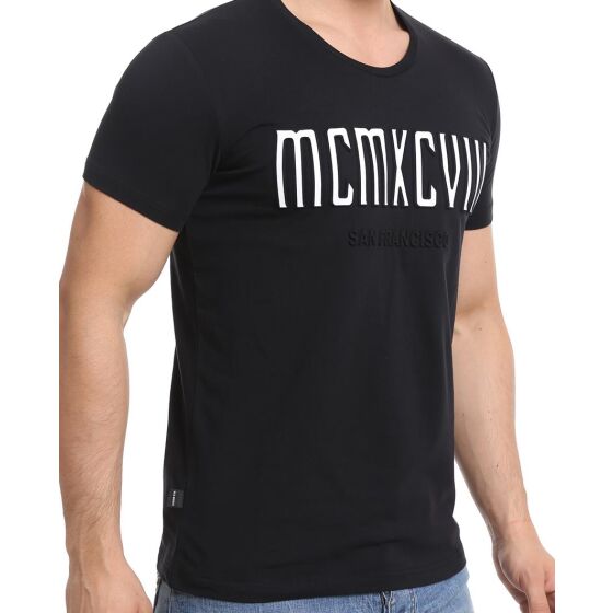 Red Bridge Mens T-Shirt MCMXCVIII Modern Characters Black