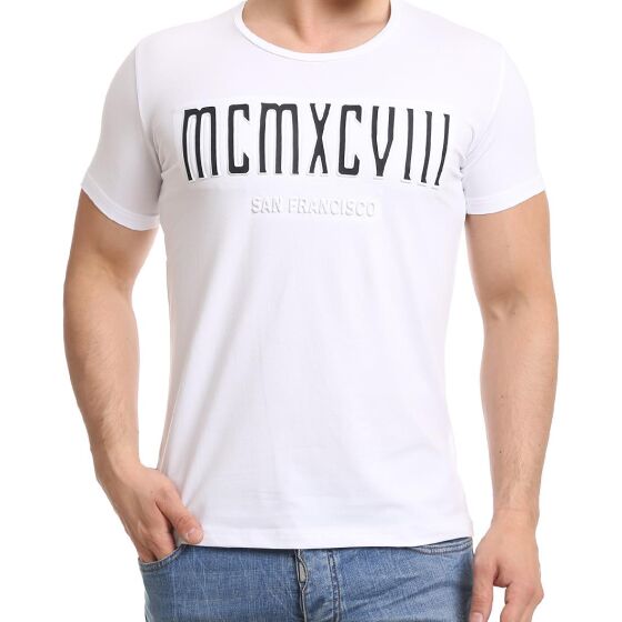 Red Bridge Mens T-Shirt MCMXCVIII Modern Characters White