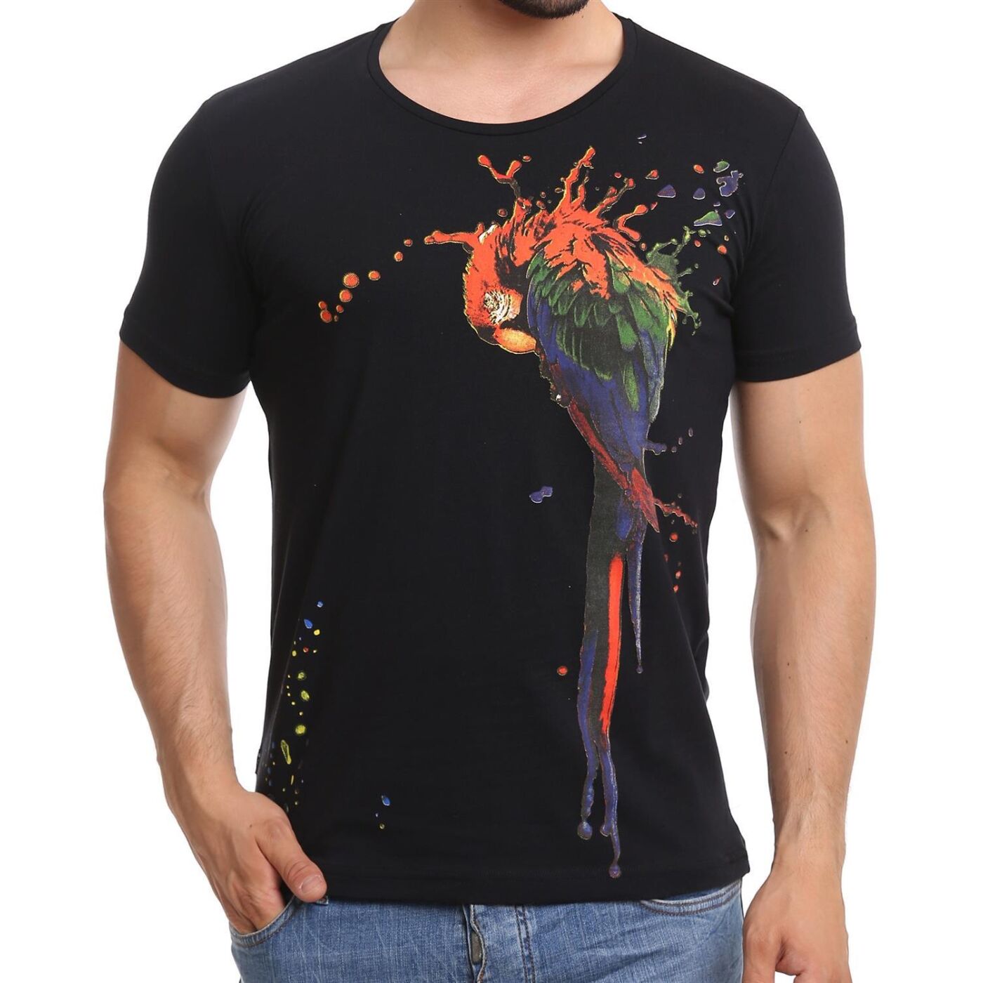 Red Bridge Mens T-Shirt Parrot Colour Spots Black, 13,99