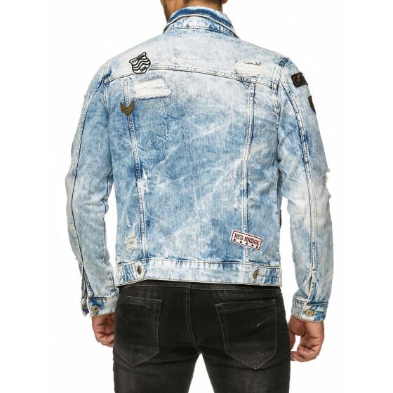 Red Bridge Mens Denim Jacket Bold Duty Military Destroyed Blue