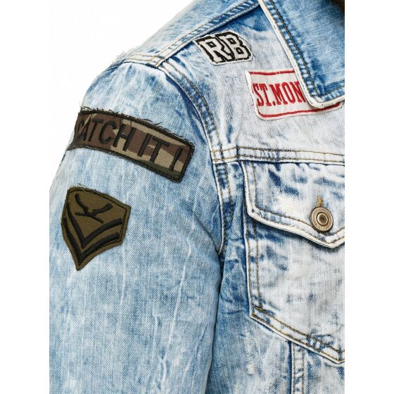 Red Bridge Mens Denim Jacket Bold Duty Military Destroyed Blue