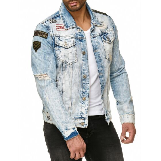 Red Bridge Mens Denim Jacket Bold Duty Military Destroyed Blue